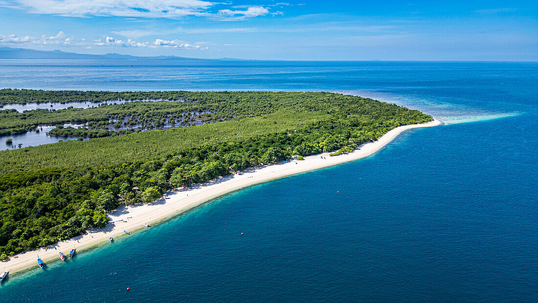 Aerial of a white sand beach in Grande Santa Cruz Island, Zamboanga, Mindanao, Philippines, Southeast Asia, Asia