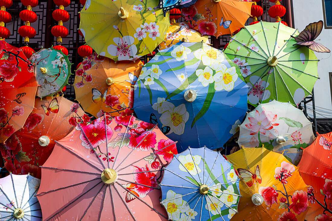 Giant umbrellas, Zhouzhuang water town, Jiangsu, China, Asia