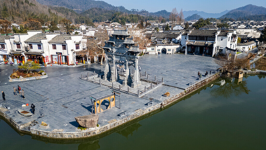 Aerial of Xidi historic ancient village, UNESCO World Heritage Site, Xidi, Anhui, China, Asia