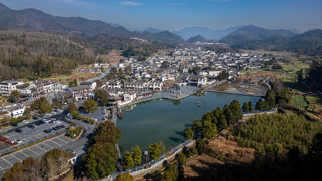 Aerial of Xidi historic ancient village, UNESCO World Heritage Site, Xidi, Anhui, China, Asia