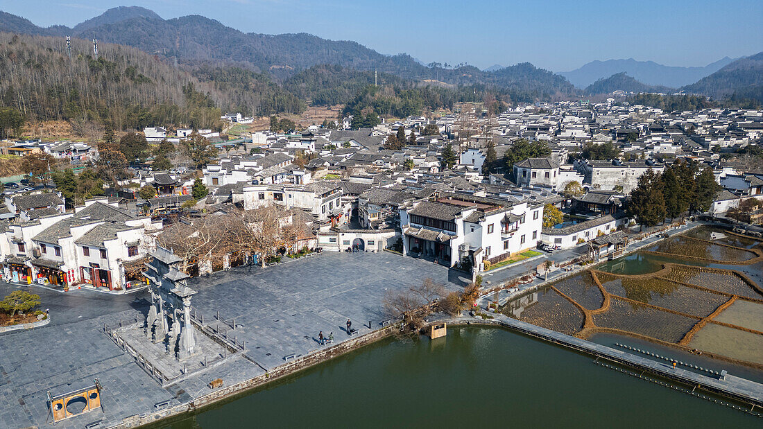 Aerial of Xidi historic ancient village, UNESCO World Heritage Site, Xidi, Anhui, China, Asia