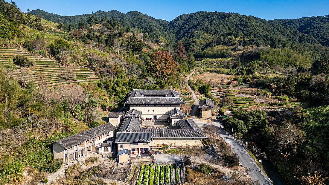 Aerial of the Hekeng Fujian Tulou, UNESCO World Heritage Site, rural dwelling of the Hakka, Fujian, China, Asia