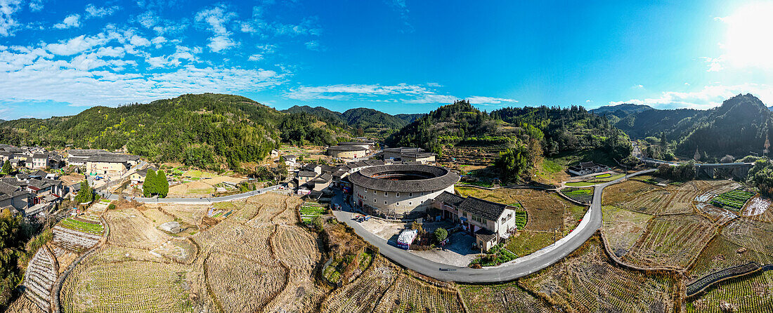 Panorama des Hekeng Fujian Tulou, UNESCO-Welterbestätte, ländliche Behausung der Hakka, Fujian, China, Asien