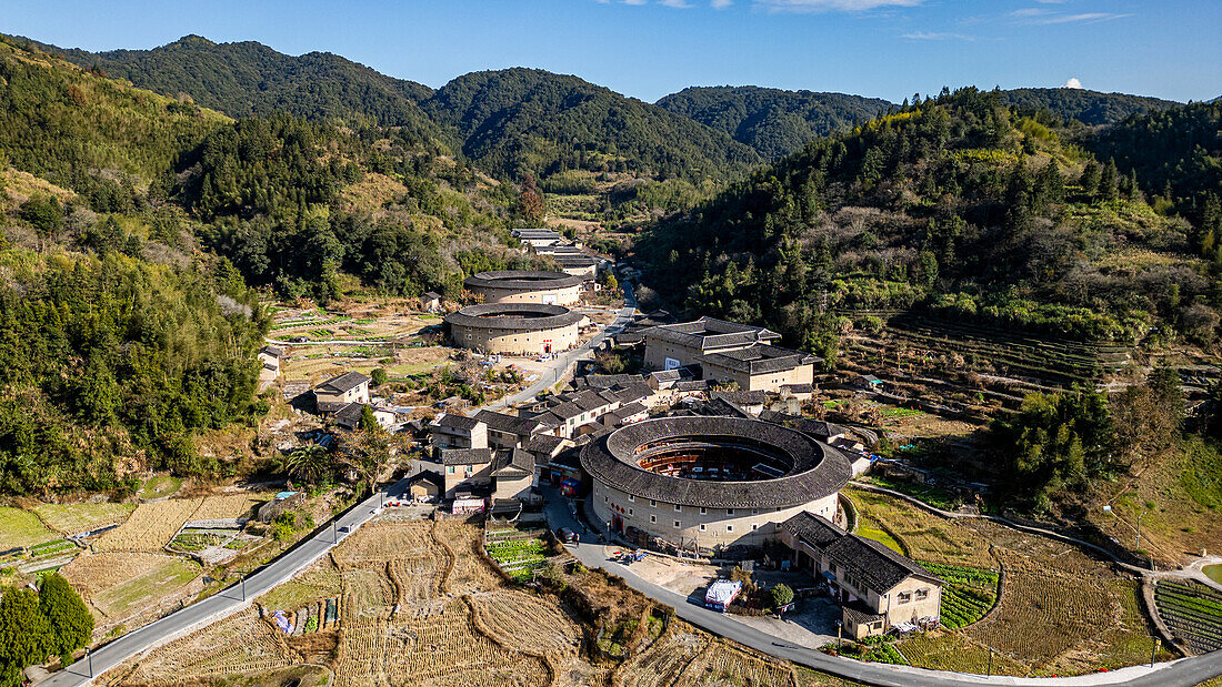 Aerial of the Hekeng Fujian Tulou, UNESCO World Heritage Site, rural dwelling of the Hakka, Fujian, China, Asia