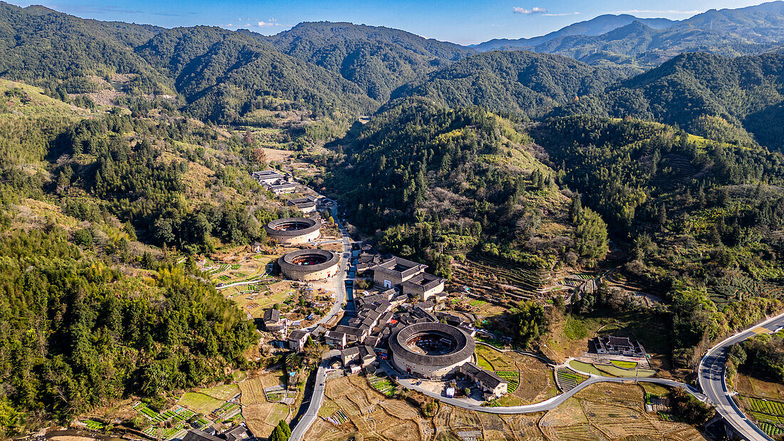 Aerial of the Hekeng Fujian Tulou, UNESCO World Heritage Site, rural dwelling of the Hakka, Fujian, China, Asia