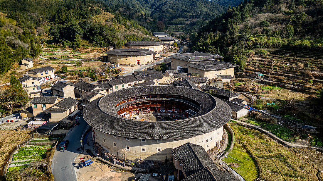 Aerial of the Hekeng Fujian Tulou, UNESCO World Heritage Site, rural dwelling of the Hakka, Fujian, China, Asia