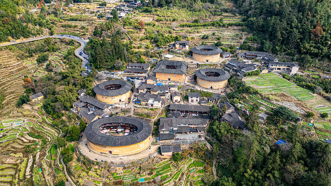 Aerial of Tianluokeng, UNESCO World Heritage Site, Fujian Tulou, rural dwelling of the Hakka, Fujian, China, Asia