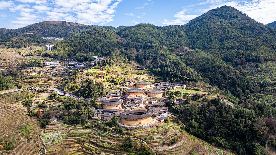 Aerial of Tianluokeng, UNESCO World Heritage Site, Fujian Tulou, rural dwelling of the Hakka, Fujian, China, Asia