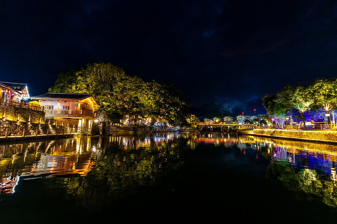 Night shot of the Yunshuiyao Ancient Town, Hakka, Fujian, China, Asia