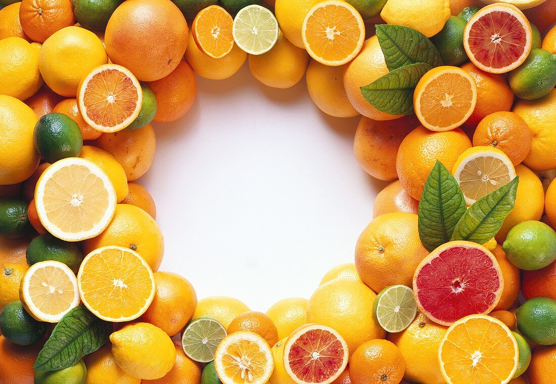 Lots of citrus fruits arranged around edge of picture