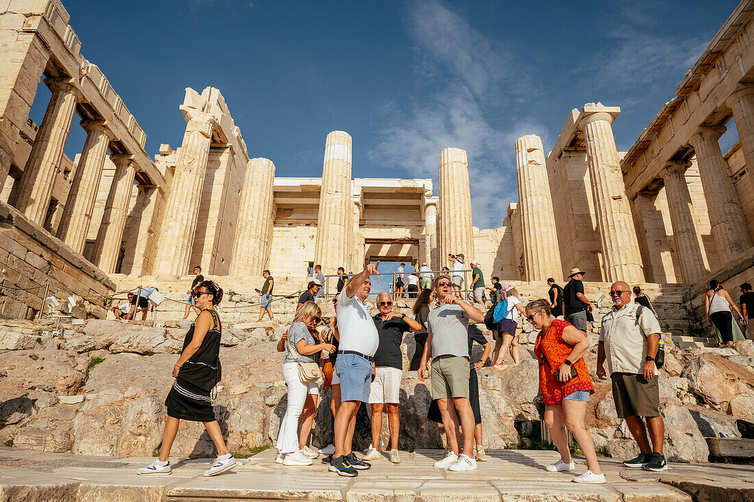 Tourists outside The Parthenon, Acropolis, UNESCO World Heritage Site, Athens, Greece, Europe