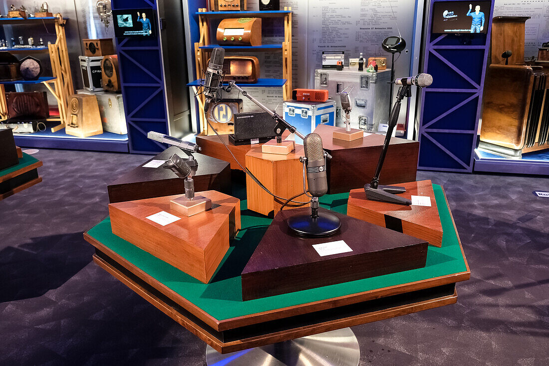 Microphones on display at the Museum of Radio and Television located in the RAI Production Center in the city center of Turin, Piedmont, Italy, Europe