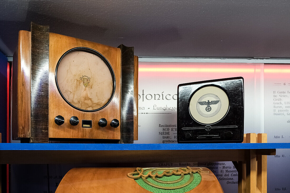 Radios on display at the Museum of Radio and Television located in the RAI Production Center in the city center of Turin, Piedmont, Italy, Europe