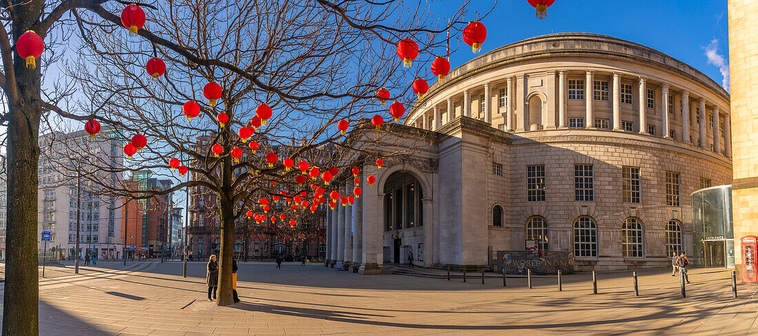 View of Chinese lanterns and Central Library in St. Peter's Square, Manchester, Lancashire, England, United Kingdom, Europe