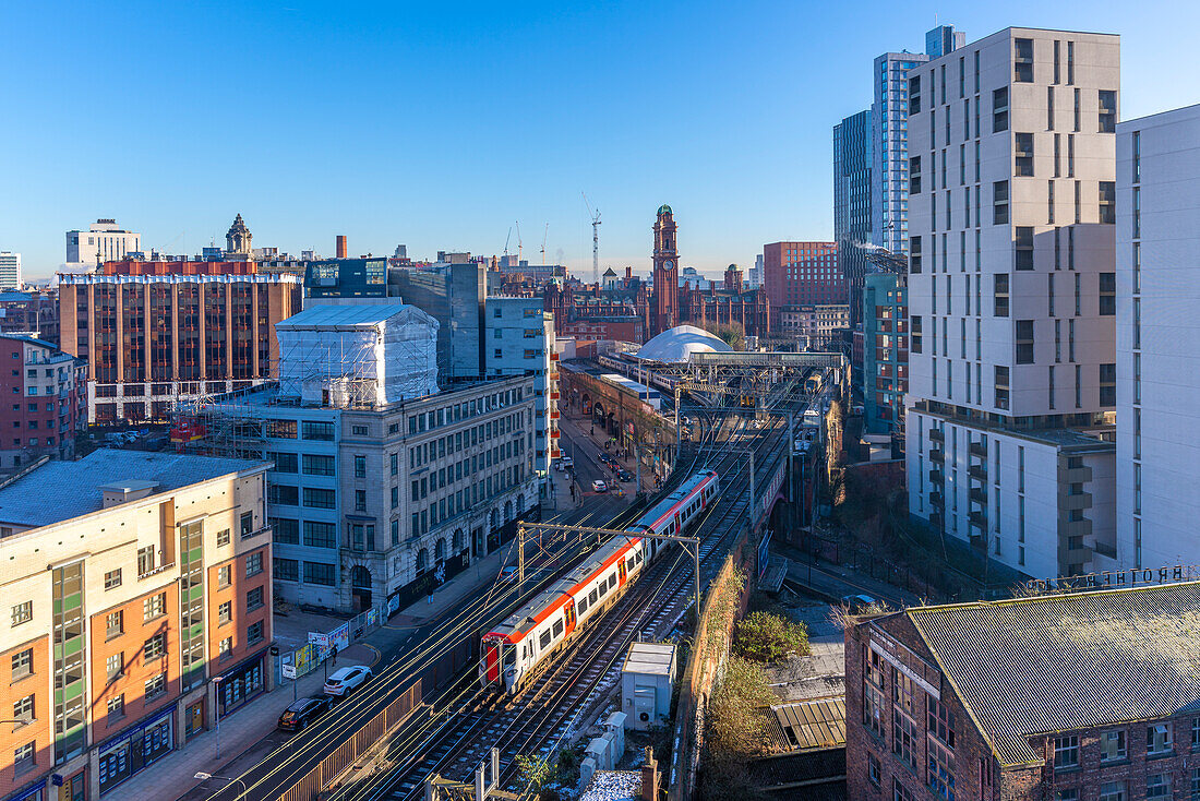 Elevated view of city skyline from Tony Wilson Place, Manchester, Lancashire, England, United Kingdom, Europe