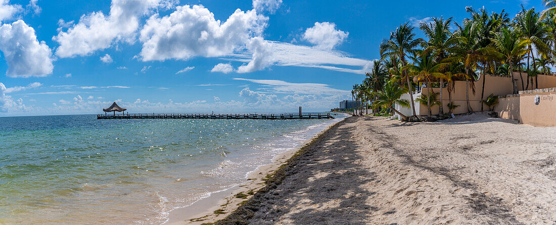 Blick auf Strand und Meer in Puerto Morelos, Karibikküste, Yucatan-Halbinsel, Riviera Maya, Mexiko, Nordamerika