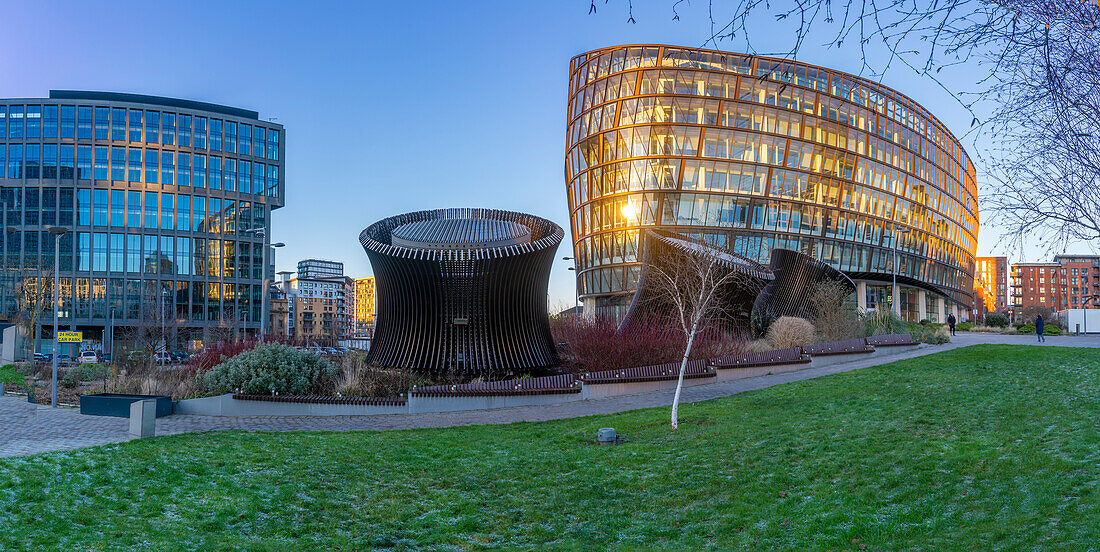 View of contemporary Co-op building in Angel Square, Manchester, Lancashire, England, United Kingdom, Europe