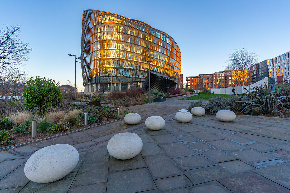 View of contemporary Co-op building in Angel Square, Manchester, Lancashire, England, United Kingdom, Europe