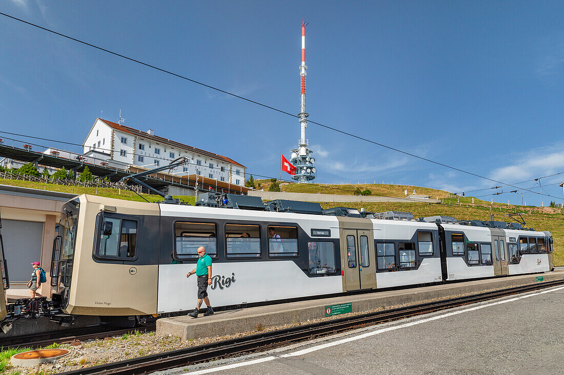 Zahnradbahn am Bahnhof Rigi-Kulm, Vierwaldstättersee, Kanton Luzern, Schweiz, Europa