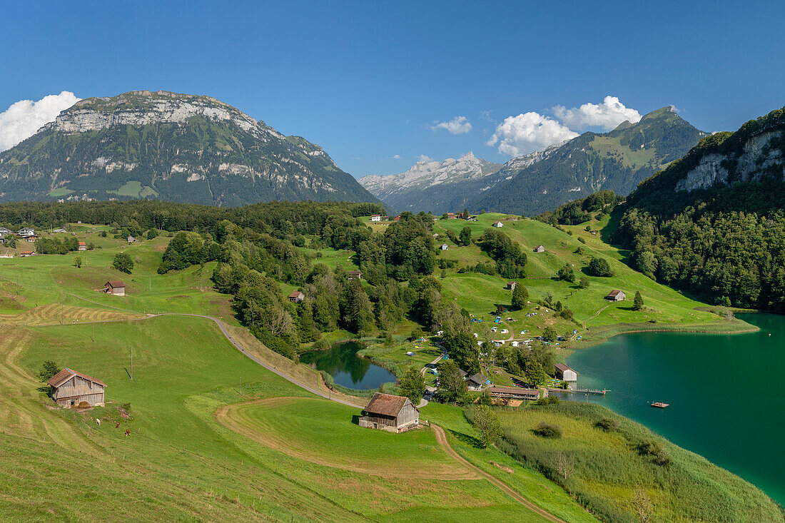 Mountain lake Seeli with a view to Fronalpstack, Canton Uri, Lake Lucerne, Switzerland, Europe