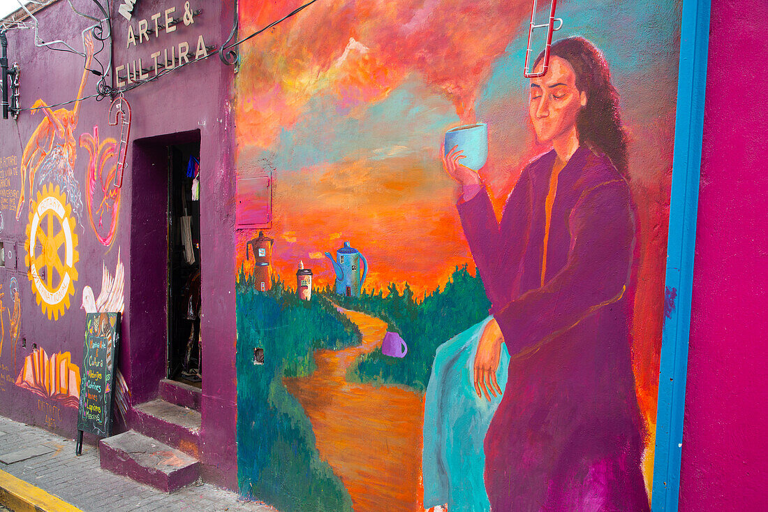 Mural, colourful Street Art, Avenue Hidalgo, Atlixco, Pueblos Magicos, Puebla State, Mexico, North America