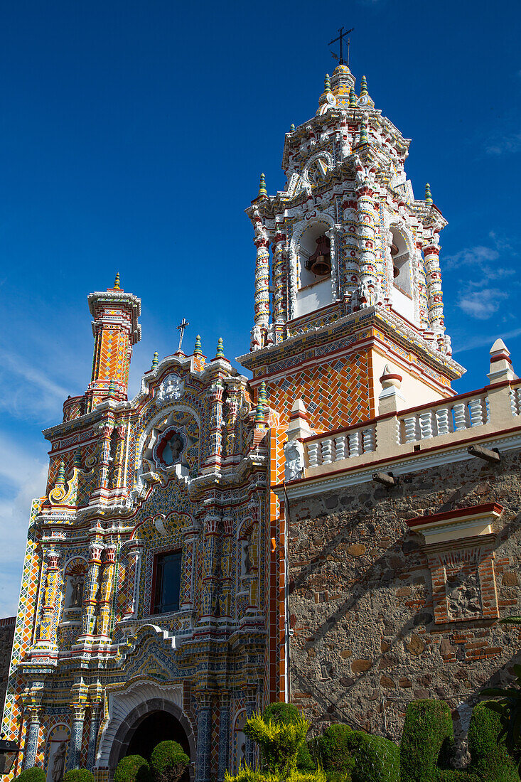 Facade of Polychromed Baroque Decoration with Talavera Azulejos, Church of San Francisco Acatepec, founded mid-16th century, San Francisco Acatepec, Puebla, Mexico, North America