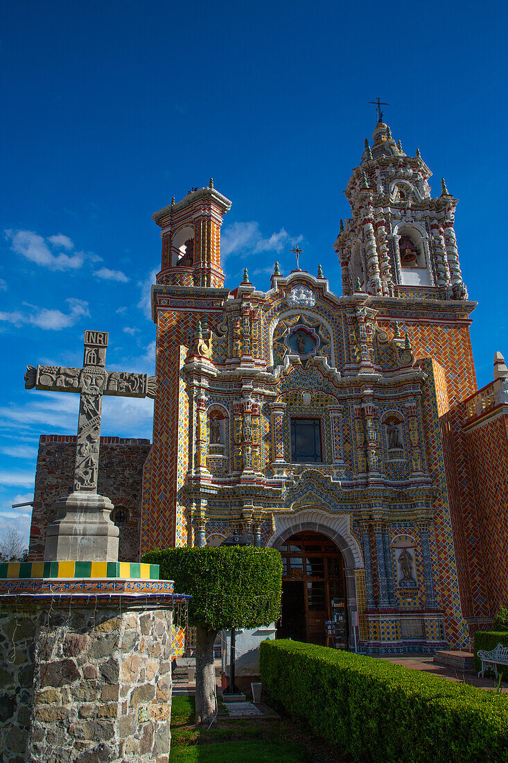 Facade of Polychromed Baroque Decoration with Talavera Azulejos, Church of San Francisco Acatepec, founded mid-16th century, San Francisco Acatepec, Puebla, Mexico, North America