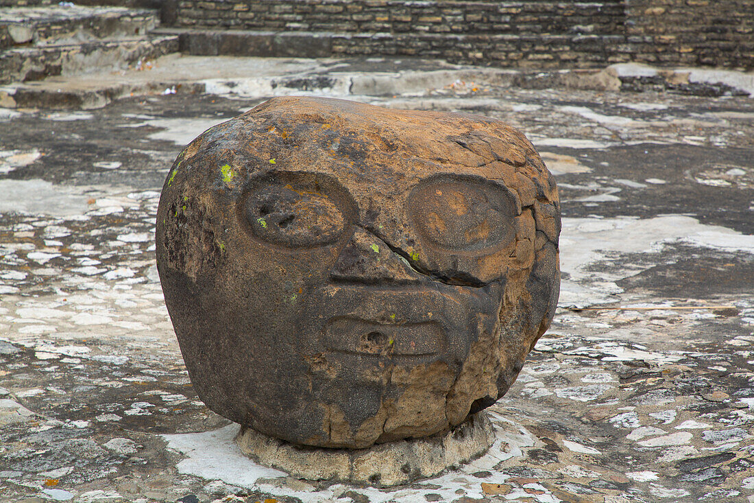 Höhlenkopf aus Stein, hergestellt von Indigenen, Archäologische Zone von Cholula, Cholula, Bundesstaat Puebla, Mexiko, Nordamerika