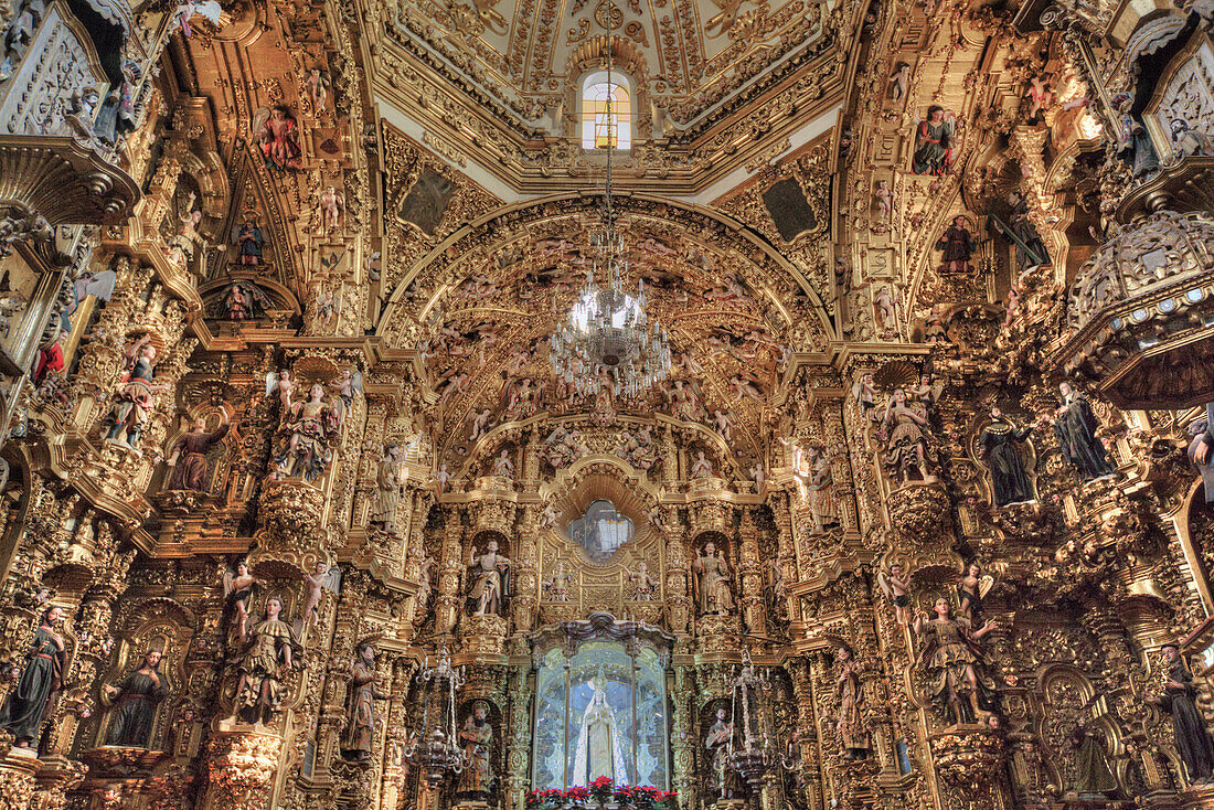 Statue of the Virgin of Ocotlan, polychrome Figures, Apse, Interior, Basilica of Our Lady of Ocotlan, Tlaxcala City, Tlaxcal State, Mexico, North America