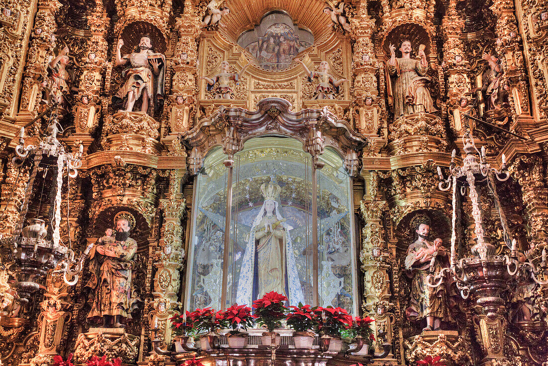 Statue of the Virgin of Ocotlan, polychrome Figures, Apse, Interior, Basilica of Our Lady of Ocotlan, Tlaxcala City, Tlaxcal State, Mexico, North America