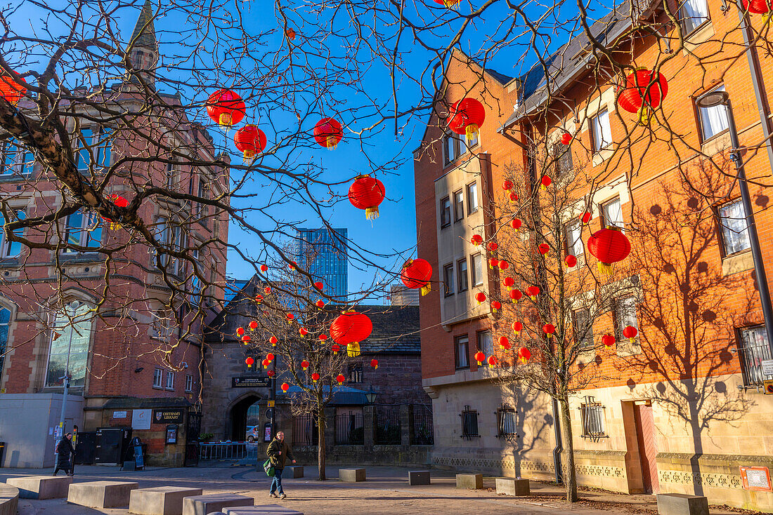 View of Chinese lanterns in Cathedral Gardens, Manchester, Lancashire, England, United Kingdom, Europe