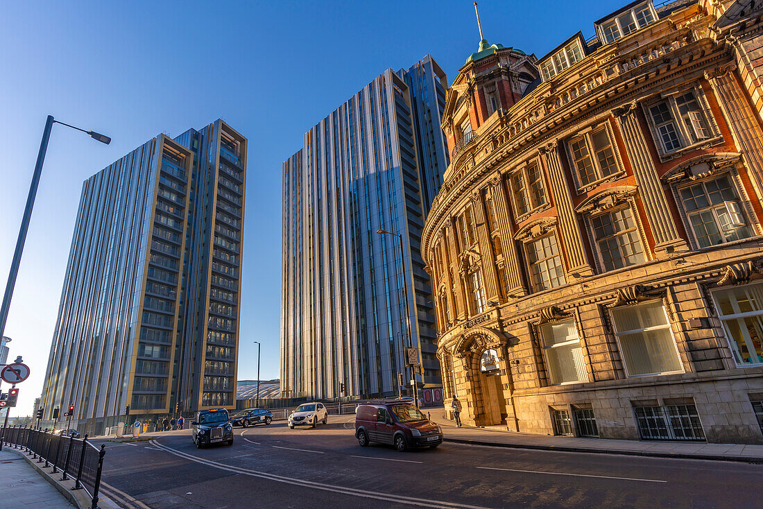 View of traditional and contemporary architecture on Corporation. Street, Manchester, Lancashire, England, United Kingdom, Europe