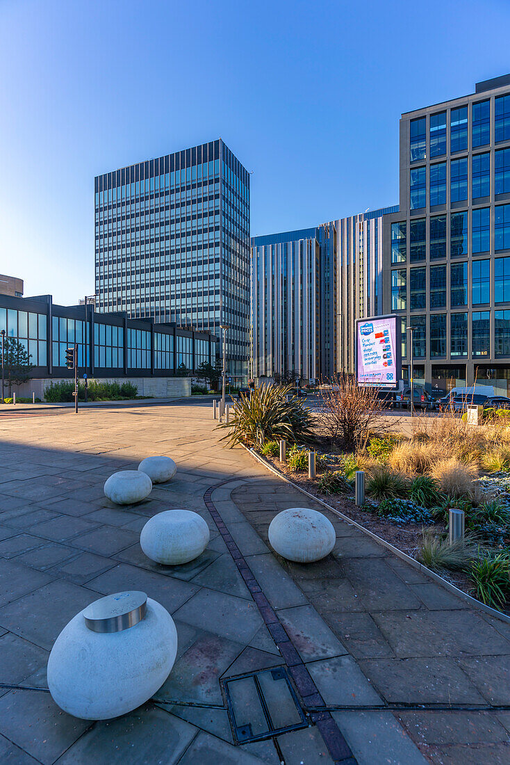 View of contemporary architecture in Angel Square, Manchester, Lancashire, England, United Kingdom, Europe