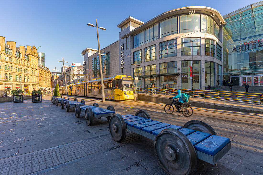 View of city tram in Exchange Square, Manchester, Lancashire, England, United Kingdom, Europe