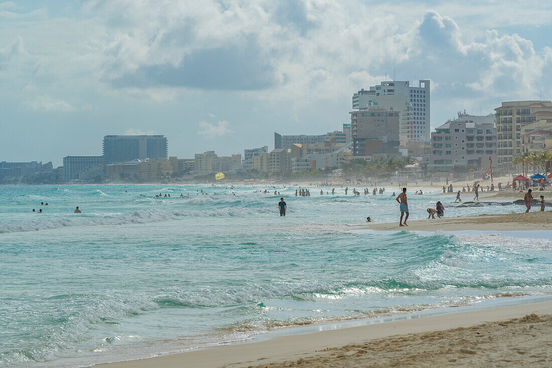 View of hotels and beach, Hotel Zone, Cancun, Caribbean Coast, Yucatan Peninsula, Riviera Maya, Mexico, North America