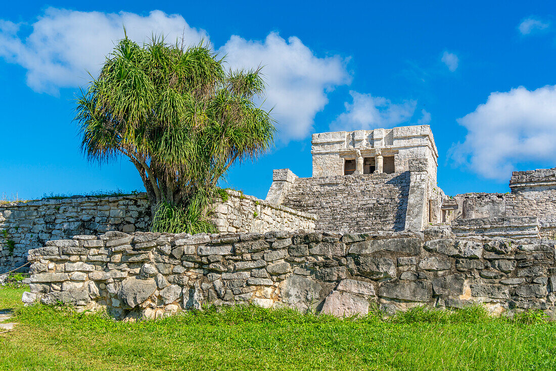 View of Mayan Temple ruins, Tulum, Quintana Roo, Caribbean Coast, Yucatan Peninsula, Riviera Maya, Mexico, North America