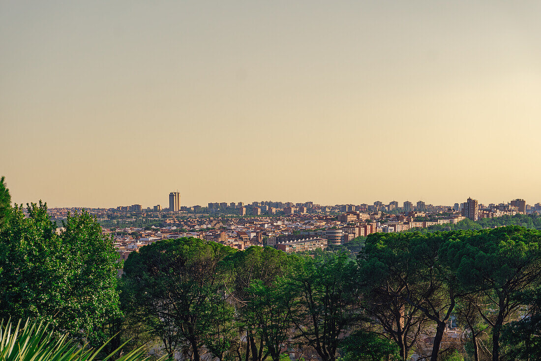 Panoramablick auf die Skyline der Stadt mit den warmen Farbtönen des Abendhimmels, die einen goldenen Schein auf die Gebäude werfen, Madrid, Spanien, Europa