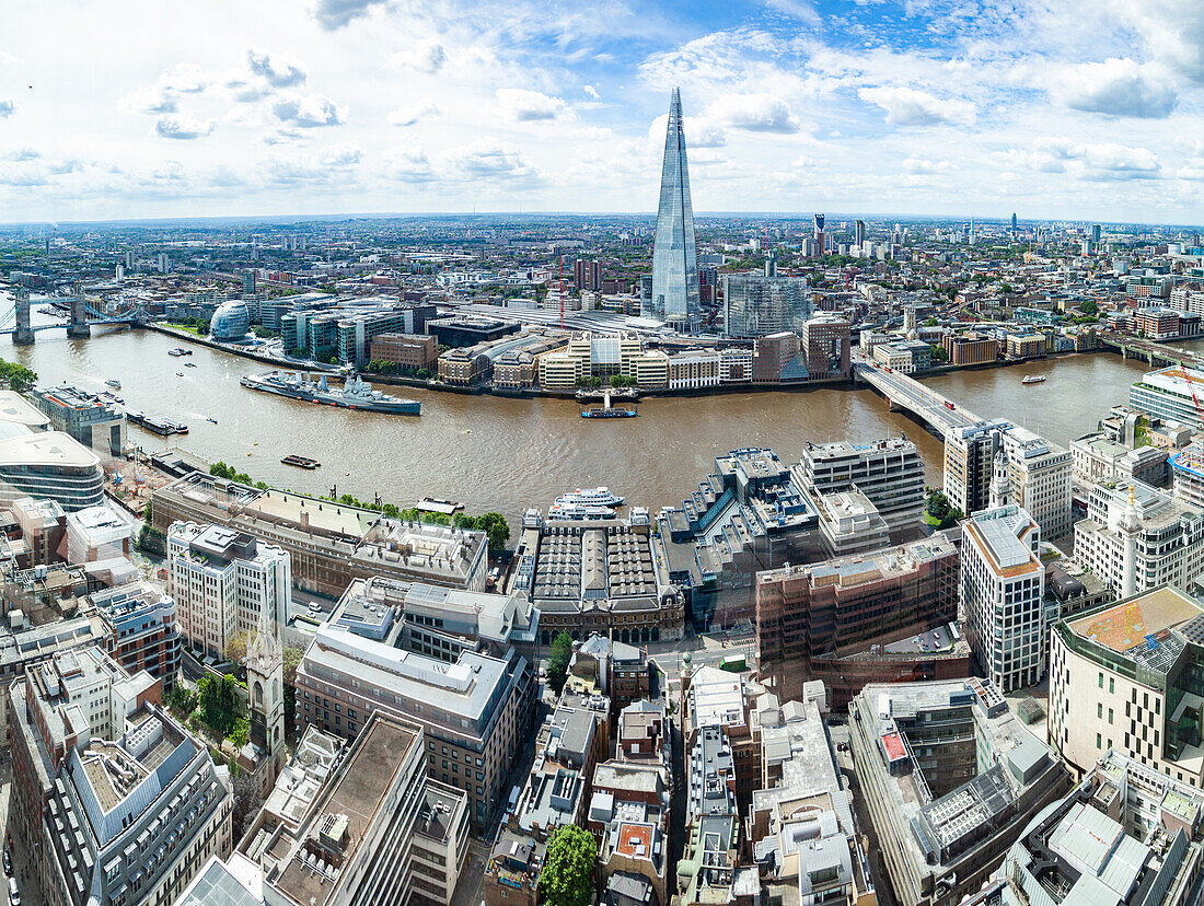 Aerial view of South London including London Bridge, The Shard skyscraper and River Thames, London, England, United Kingdom, Europe