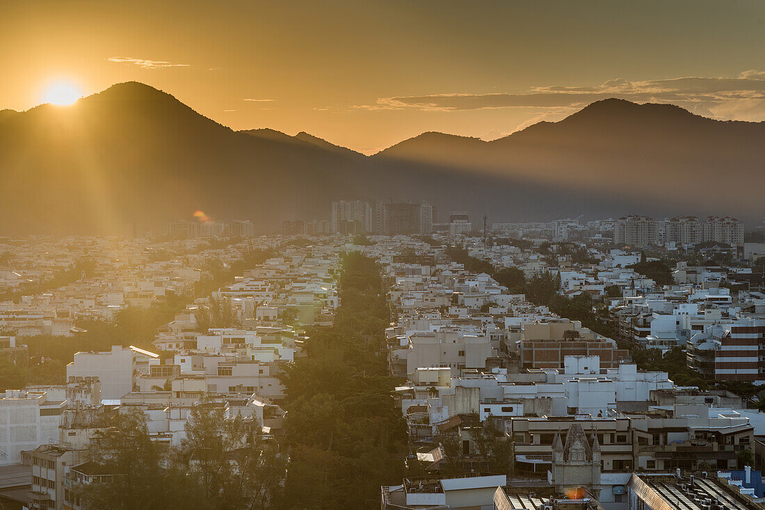 High perspective view at sunset of Recreio neighbourhood in western Rio de Janeiro, Brazil, South America