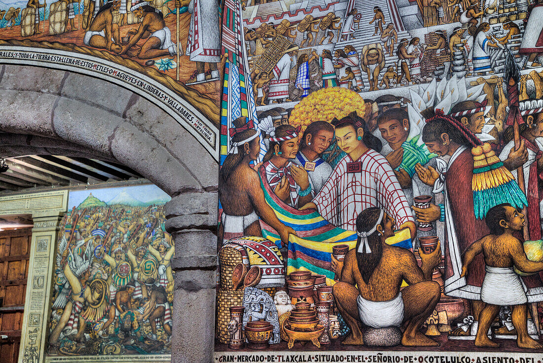 Governor's Palace, 16th century, Foyer, with Frescos by artist Disiderio Hernandez Xochitiotzin, Tlaxcala City, Tlaxcala State, Mexico, North America