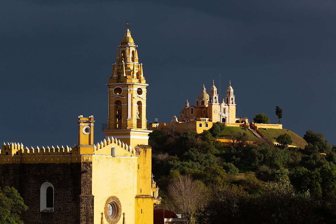 Stormy Weather, Convent of San Gabriel Arcangel in the foreground, Church de Nuestra Senora de los Remedios in the background, Cholula, Puebla State, Mexico, North America