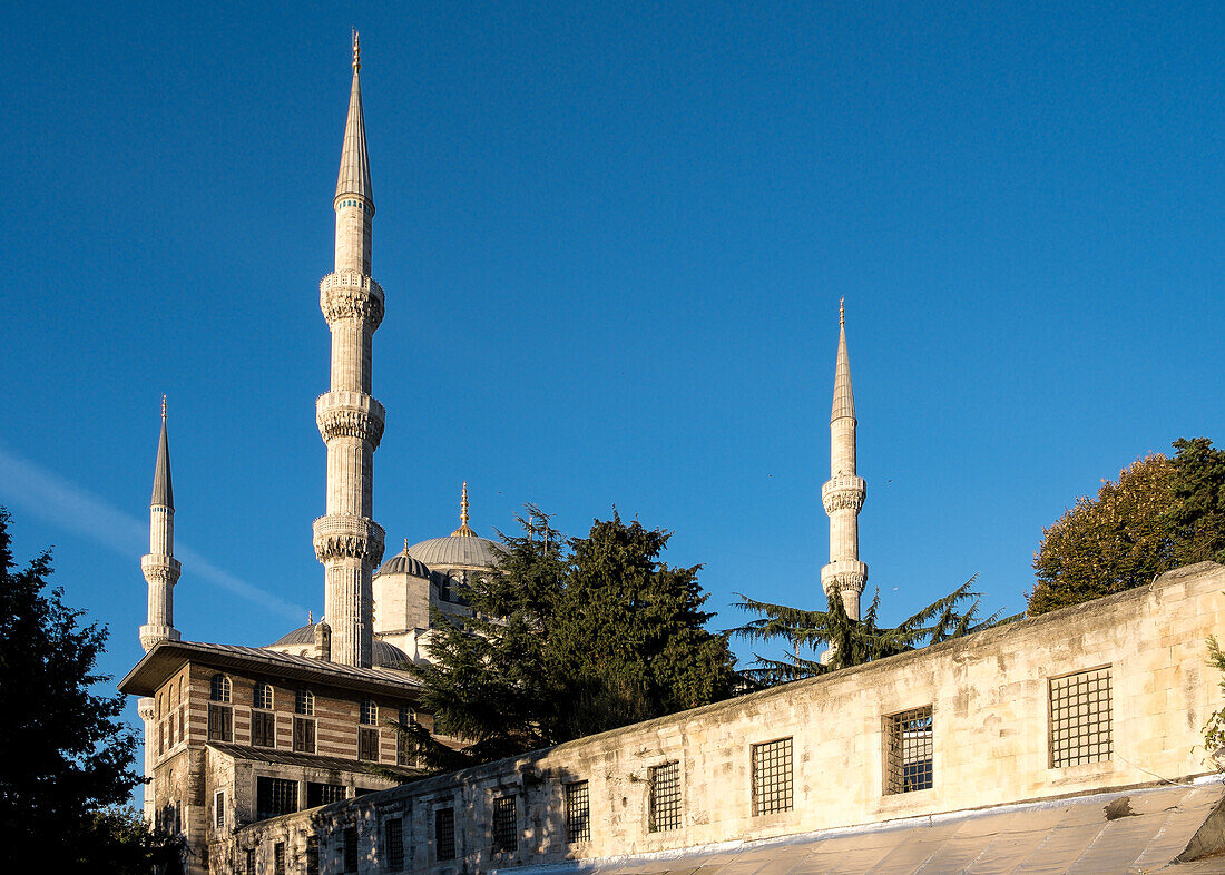 Detail der Blauen Moschee (Sultan-Ahmed-Moschee), einer historischen kaiserlichen Moschee aus osmanischer Zeit, die zwischen 1609 und 1617 während der Herrschaft von Ahmed I. erbaut wurde und heute eine funktionierende Moschee ist, UNESCO-Weltkulturerbe, Istanbul, Türkei, Europa