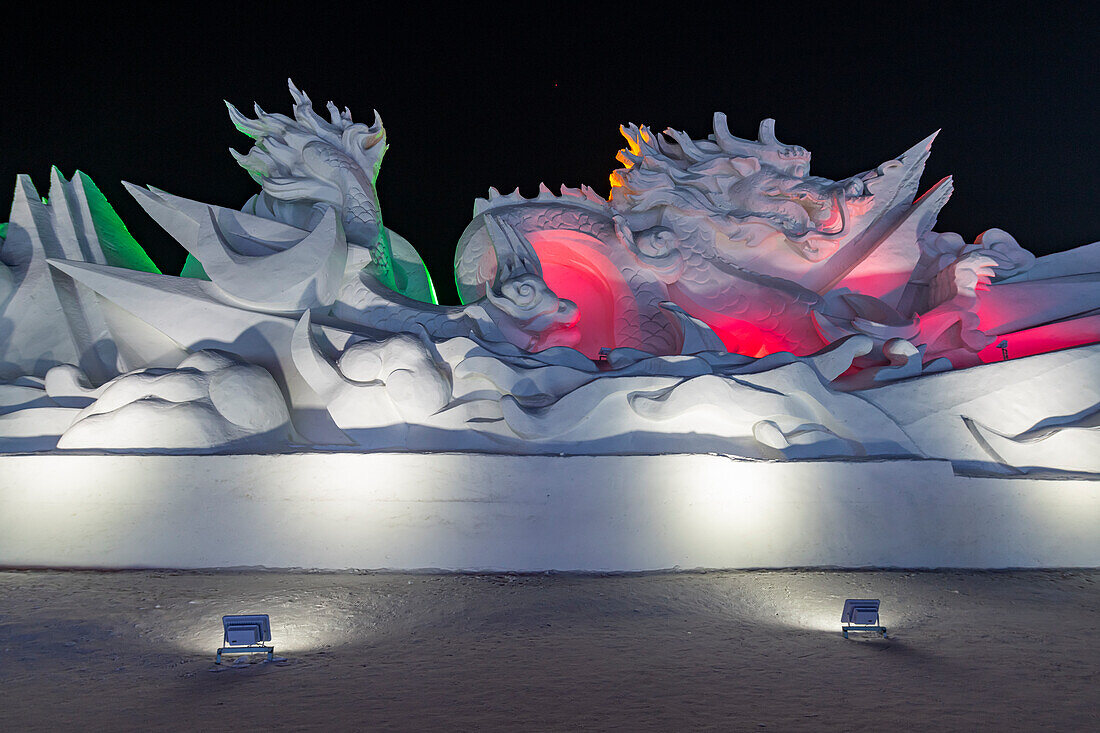 Illuminated buildings made out of ice, Ice International Ice and Snow Sculpture Festival, Harbin, Heilongjiang, China, Asia