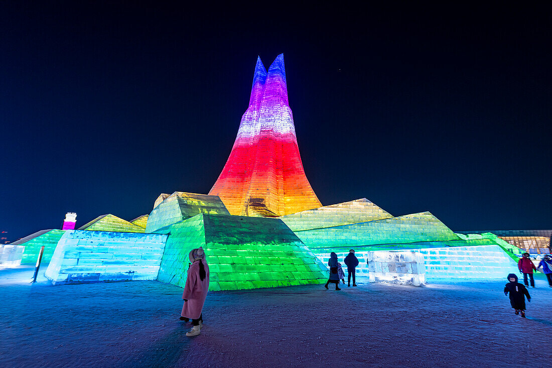 Illuminated buildings made out of ice, Ice International Ice and Snow Sculpture Festival, Harbin, Heilongjiang, China, Asia