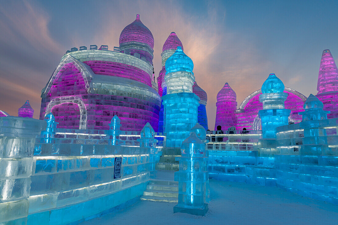 Illuminated buildings made out of ice, Ice International Ice and Snow Sculpture Festival, Harbin, Heilongjiang, China, Asia