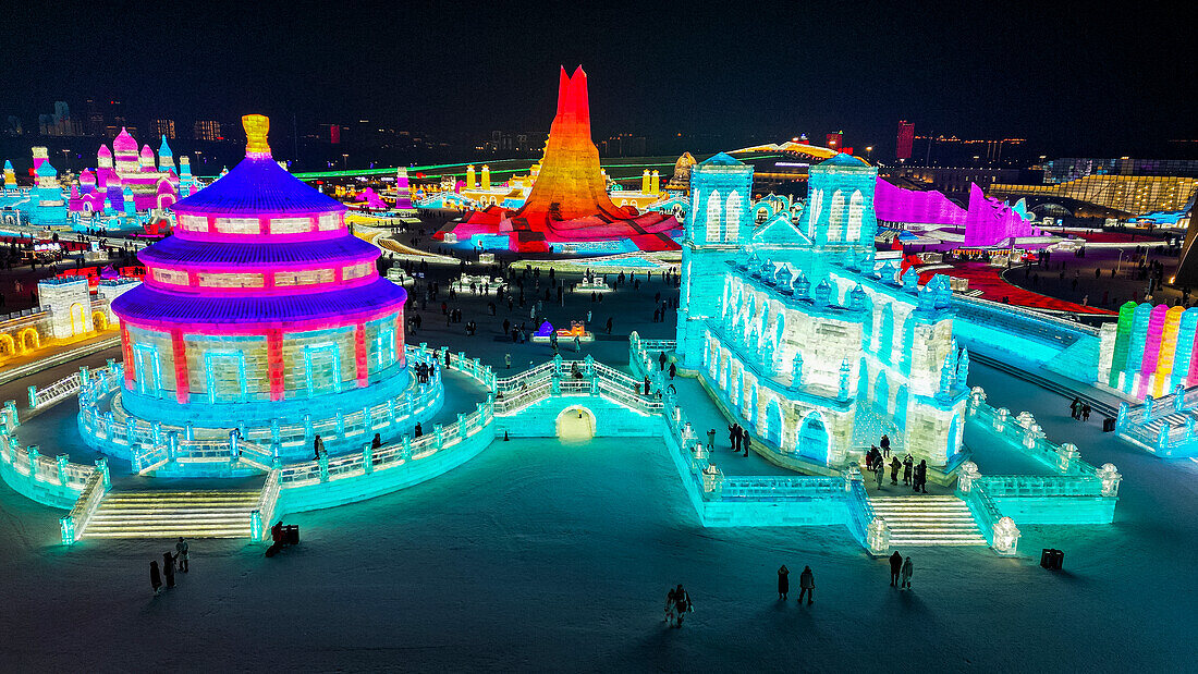 Aerial of the Illuminated buildings made out of ice, Ice International Ice and Snow Sculpture Festival, Harbin, Heilongjiang, China, Asia