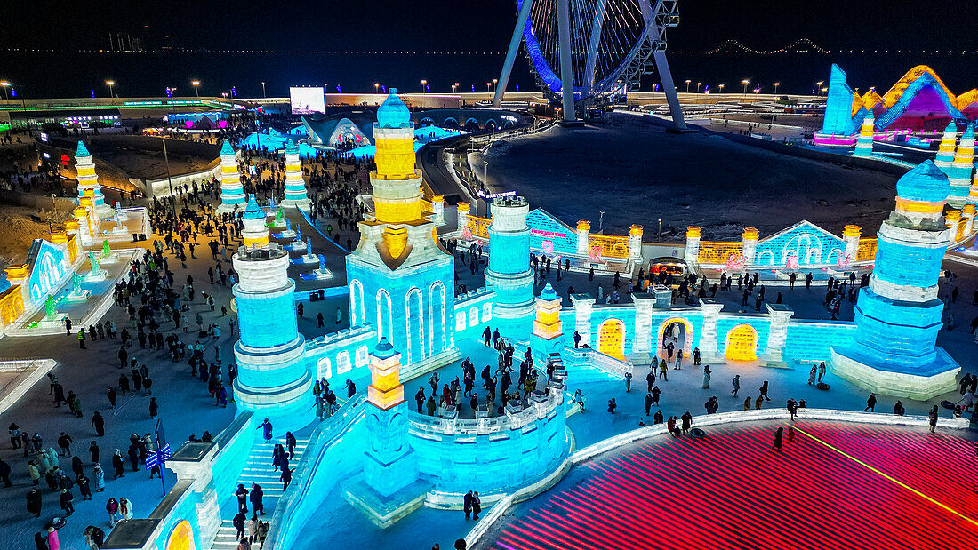 Aerial of the Illuminated buildings made out of ice, Ice International Ice and Snow Sculpture Festival, Harbin, Heilongjiang, China, Asia