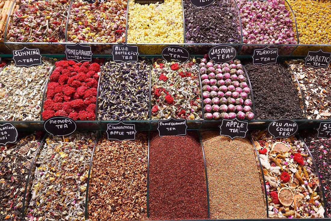 Egyptian bazaar with tea display, Istanbul, Turkey, Europe