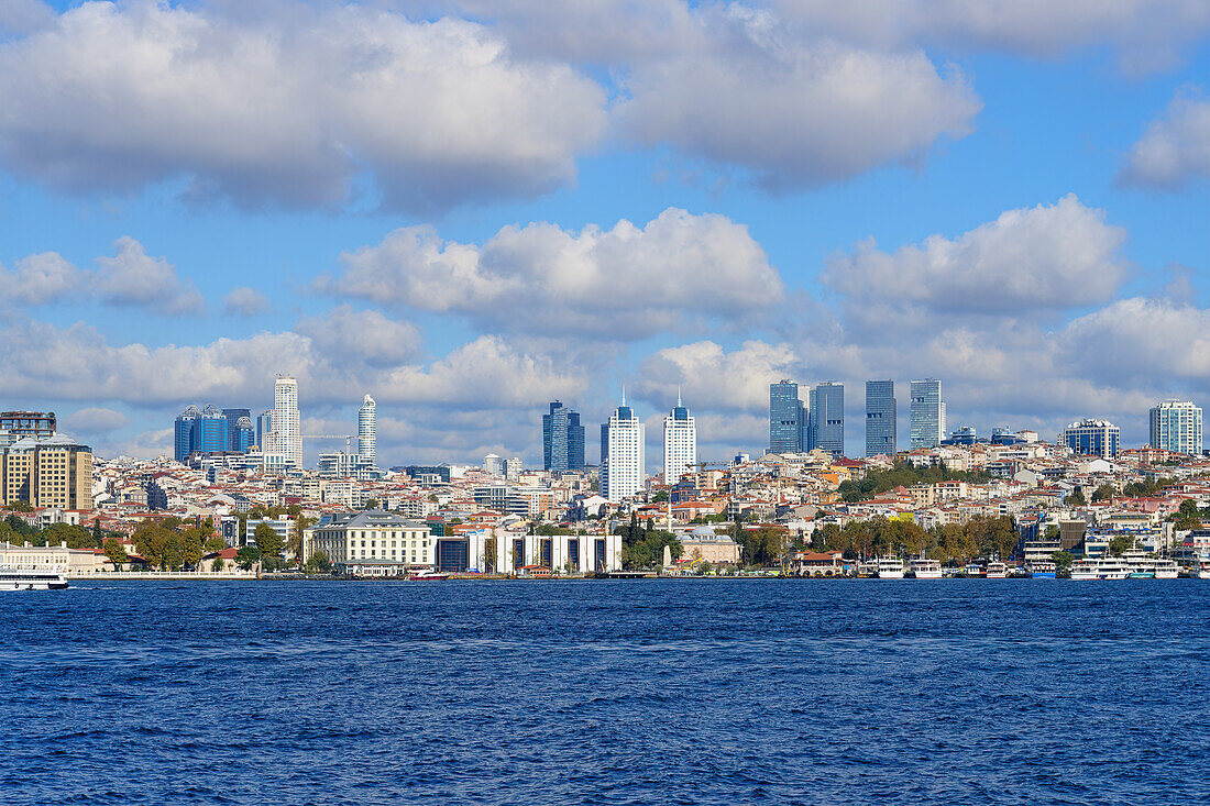 Skyline of Besiktas viewed from the Bosphorus, Istanbul, Turkey, Europe