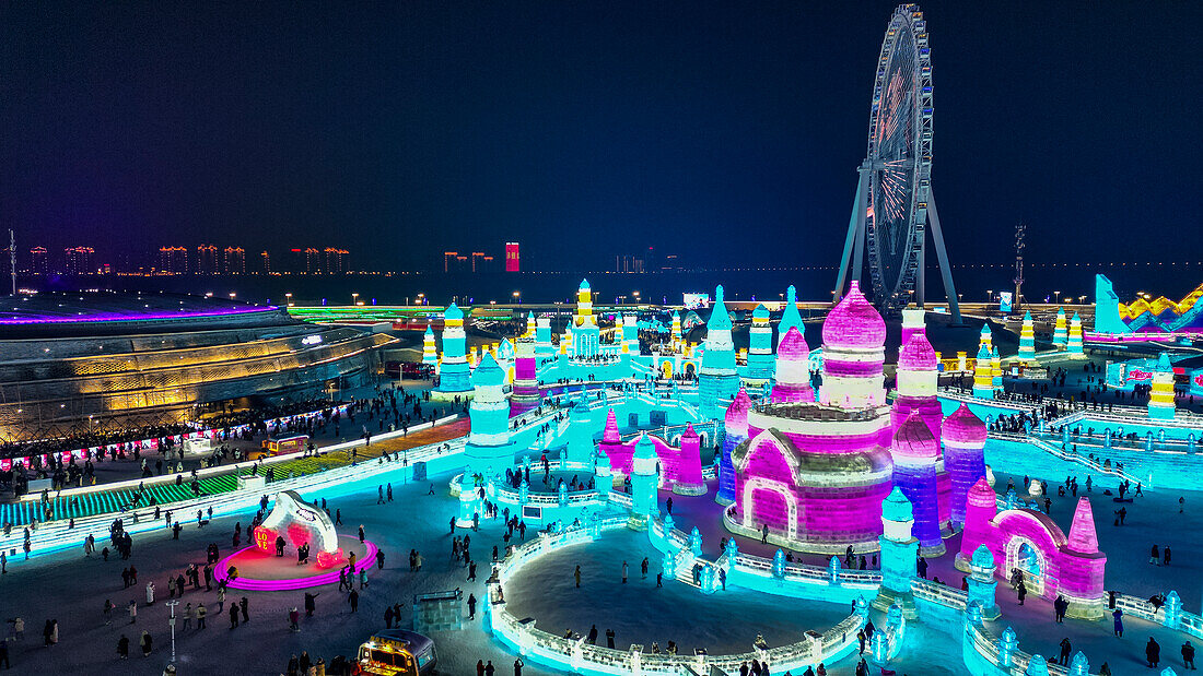 Aerial of the Illuminated buildings made out of ice, Ice International Ice and Snow Sculpture Festival, Harbin, Heilongjiang, China, Asia